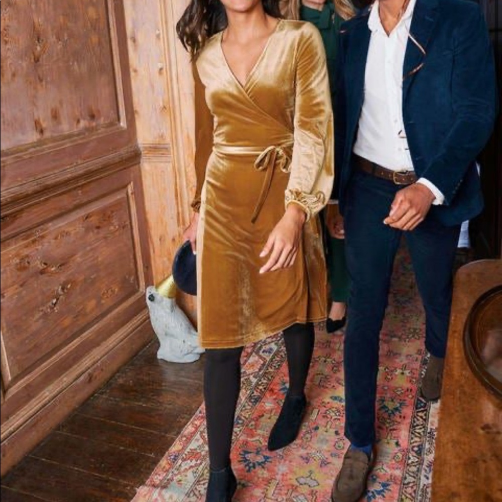 Cute mustard-colored velvet Boden wrap-up dress!